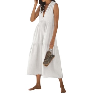 image:imageRVivimos 2026 Summer Cotton Maxi Dresses for Women Casual Sleeveless Button V Neck Tiered Loose Flowy Beach Long DressWhite
