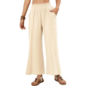 image:imageRVivimos Cotton Casual Wide Leg Pants for Women Stretchy High Waisted Comfy Flowy Cropped Palazzo Pants with PocketsBeige