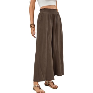 image:imageRVivimos Cotton Casual Wide Leg Pants for Women Stretchy High Waisted Comfy Flowy Cropped Palazzo Pants with PocketsDark Brown