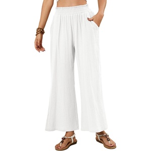 image:imageRVivimos Cotton Casual Wide Leg Pants for Women Stretchy High Waisted Comfy Flowy Cropped Palazzo Pants with PocketsWhite