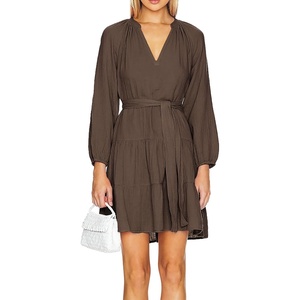 image:imageRVivimos Long Sleeve Cotton Dresses for Women Fall Casual V Neck ALine Tiered Mini Spring Dresses with BeltBrown