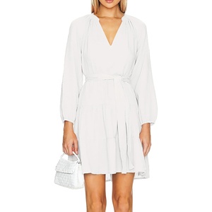 image:imageRVivimos Long Sleeve Cotton Dresses for Women Fall Casual V Neck ALine Tiered Mini Spring Dresses with BeltWhite