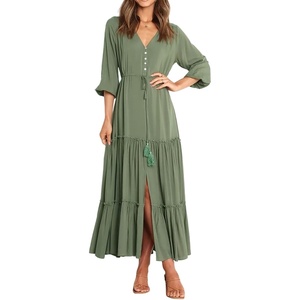 image:imageRVivimos Maxi Dress for Women Long Sleeve V Neck Drawstring Button Up Casual Split Flowy DressArmygreen