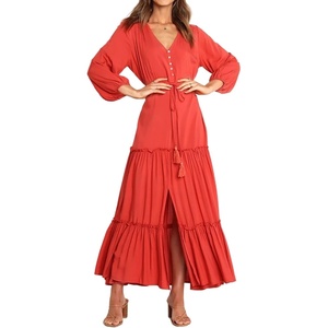 image:imageRVivimos Maxi Dress for Women Long Sleeve V Neck Drawstring Button Up Casual Split Flowy DressCoral