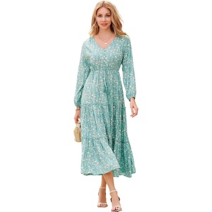 image:imageRVivimos Maxi Dress for Women Long Sleeve V Neck Drawstring Button Up Casual Split Flowy DressGreenfloral