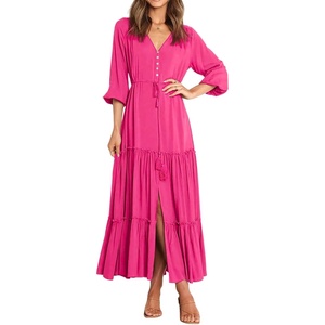 image:imageRVivimos Maxi Dress for Women Long Sleeve V Neck Drawstring Button Up Casual Split Flowy DressHot Pink