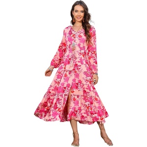 image:imageRVivimos Maxi Dress for Women Long Sleeve V Neck Drawstring Button Up Casual Split Flowy DressPeachfloral