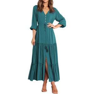 image:imageRVivimos Maxi Dress for Women Long Sleeve V Neck Drawstring Button Up Casual Split Flowy DressTeal