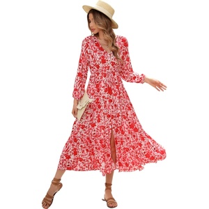 image:imageRVivimos Maxi Dress for Women Long Sleeve V Neck Drawstring Button Up Casual Split Flowy DressWhiteredfloral