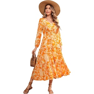 image:imageRVivimos Maxi Dress for Women Long Sleeve V Neck Drawstring Button Up Casual Split Flowy DressYellowfloral