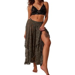 image:imageRVivimos Women Lace Long Skirts Summer Elastic Asymmetrical Layered Hem Sexy SeeThrough Beach Floral Maxi SkirtsArmygreen