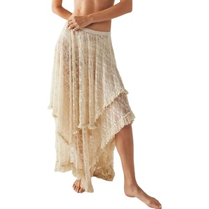image:imageRVivimos Women Lace Long Skirts Summer Elastic Asymmetrical Layered Hem Sexy SeeThrough Beach Floral Maxi SkirtsBeige