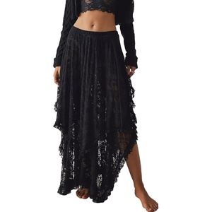 image:imageRVivimos Women Lace Long Skirts Summer Elastic Asymmetrical Layered Hem Sexy SeeThrough Beach Floral Maxi SkirtsBlack