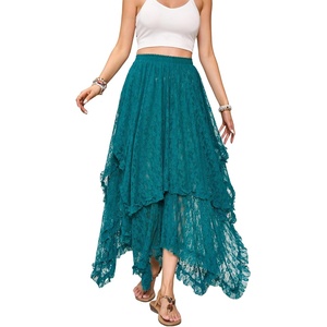 image:imageRVivimos Women Lace Long Skirts Summer Elastic Asymmetrical Layered Hem Sexy SeeThrough Beach Floral Maxi SkirtsGreen
