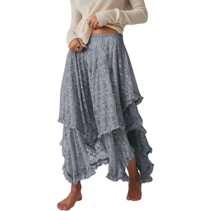 image:imageRVivimos Women Lace Long Skirts Summer Elastic Asymmetrical Layered Hem Sexy SeeThrough Beach Floral Maxi SkirtsGrey