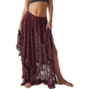 image:imageRVivimos Women Lace Long Skirts Summer Elastic Asymmetrical Layered Hem Sexy SeeThrough Beach Floral Maxi SkirtsMaroon