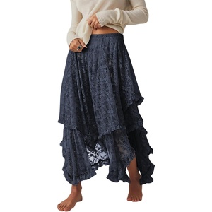 image:imageRVivimos Women Lace Long Skirts Summer Elastic Asymmetrical Layered Hem Sexy SeeThrough Beach Floral Maxi SkirtsNavy Blue