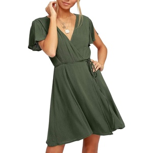 image:imageRVivimos Women Summer Cotton Short Sleeves V Neck Casual Wrap Mini DressesArmygreen