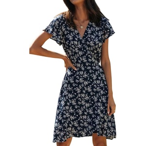 image:imageRVivimos Women Summer Cotton Short Sleeves V Neck Casual Wrap Mini DressesNavybluefloral