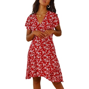 image:imageRVivimos Women Summer Cotton Short Sleeves V Neck Casual Wrap Mini DressesRed