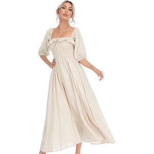 image:imageRVivimos Women Summer Half Sleeve Cotton Ruffled Vintage Elegant Backless A Line Flowy Long DressesBeige1