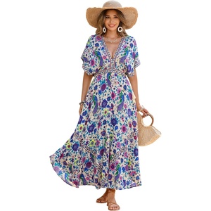 image:imageRVivimos Women Summer Print Deep V Neck Cotton Beach Long DressesBeige