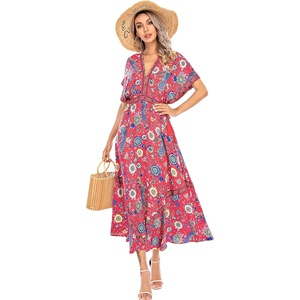 image:imageRVivimos Women Summer Print Deep V Neck Cotton Beach Long DressesRed