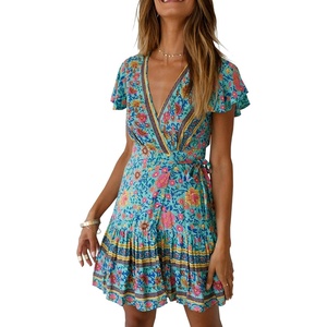 image:imageRVivimos Women Summer Short Sleeve Casual Bohemian Beach Ruffle Floral Print Bow Tie Short Sun DressGreen