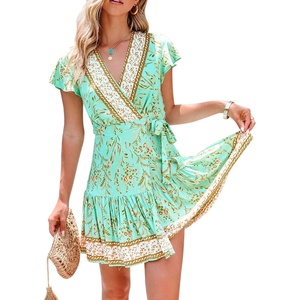 image:imageRVivimos Women Summer Short Sleeve Casual Bohemian Beach Ruffle Floral Print Bow Tie Short Sun DressLightgreen
