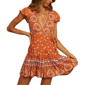 image:imageRVivimos Women Summer Short Sleeve Casual Bohemian Beach Ruffle Floral Print Bow Tie Short Sun DressOrange1