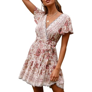 image:imageRVivimos Women Summer Short Sleeve Casual Bohemian Beach Ruffle Floral Print Bow Tie Short Sun DressWhitePink