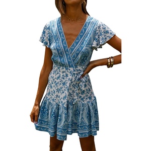 image:imageRVivimos Women Summer Short Sleeve Casual Bohemian Beach Ruffle Floral Print Bow Tie Short Sun DressWhiteblue