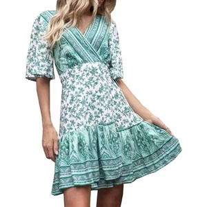 image:imageRVivimos Women Summer Short Sleeve Casual Bohemian Beach Ruffle Floral Print Bow Tie Short Sun DressWhitegreen