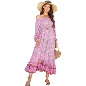 image:imageRVivimos Womens 34 Sleeve Square Neck Midi Dress Boho Casual Floral Print Empire Waist Ruffle Flowy Smocked Long DressesBabypink