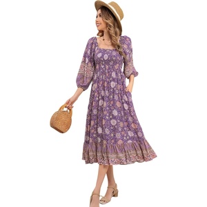 image:imageRVivimos Womens 34 Sleeve Square Neck Midi Dress Boho Casual Floral Print Empire Waist Ruffle Flowy Smocked Long DressesDarkpurple