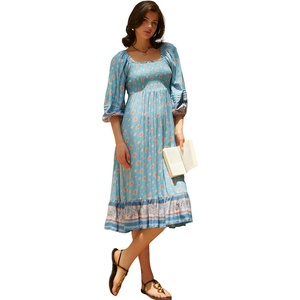 image:imageRVivimos Womens 34 Sleeve Square Neck Midi Dress Boho Casual Floral Print Empire Waist Ruffle Flowy Smocked Long DressesLightblue