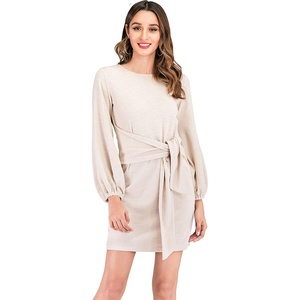 image:imageRVivimos Womens Autumn Winter Cotton Long Sleeves Elegant Knitted Bodycon Tie Waist Sweater Pencil DressBeige