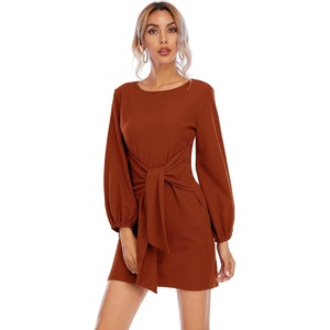 image:imageRVivimos Womens Autumn Winter Cotton Long Sleeves Elegant Knitted Bodycon Tie Waist Sweater Pencil DressBurnt Orange
