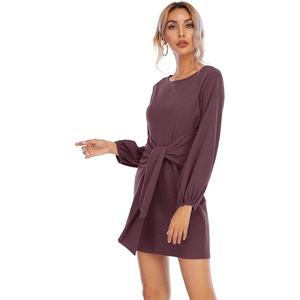 image:imageRVivimos Womens Autumn Winter Cotton Long Sleeves Elegant Knitted Bodycon Tie Waist Sweater Pencil DressDark Orchid