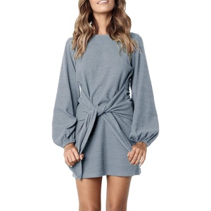 image:imageRVivimos Womens Autumn Winter Cotton Long Sleeves Elegant Knitted Bodycon Tie Waist Sweater Pencil DressHaze Blue