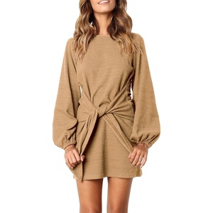 image:imageRVivimos Womens Autumn Winter Cotton Long Sleeves Elegant Knitted Bodycon Tie Waist Sweater Pencil DressKhaki