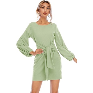 image:imageRVivimos Womens Autumn Winter Cotton Long Sleeves Elegant Knitted Bodycon Tie Waist Sweater Pencil DressLight Green