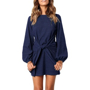 image:imageRVivimos Womens Autumn Winter Cotton Long Sleeves Elegant Knitted Bodycon Tie Waist Sweater Pencil DressNavy Blue