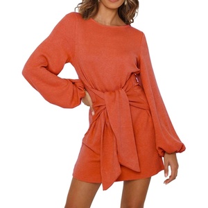 image:imageRVivimos Womens Autumn Winter Cotton Long Sleeves Elegant Knitted Bodycon Tie Waist Sweater Pencil DressOrange