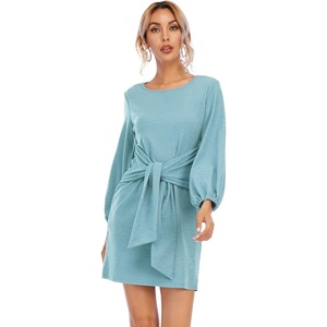 image:imageRVivimos Womens Autumn Winter Cotton Long Sleeves Elegant Knitted Bodycon Tie Waist Sweater Pencil DressSkyblue