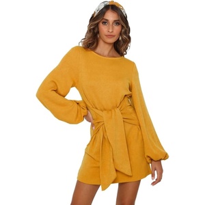 image:imageRVivimos Womens Autumn Winter Cotton Long Sleeves Elegant Knitted Bodycon Tie Waist Sweater Pencil DressYellow