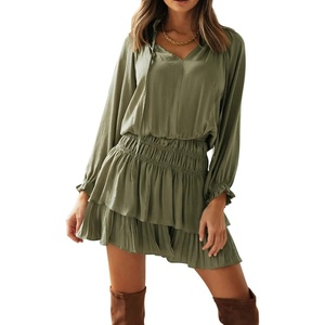 image:imageRVivimos Womens Cotton Long Sleeves V Neck Layered Ruffles Pleated Swing Mini DressArmy Green