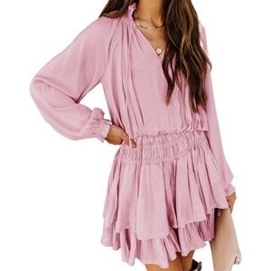 image:imageRVivimos Womens Cotton Long Sleeves V Neck Layered Ruffles Pleated Swing Mini DressLightpink