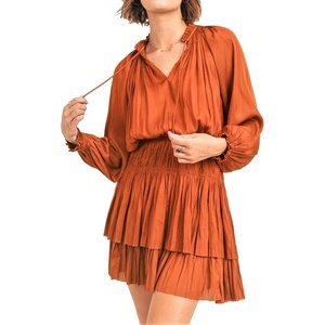 image:imageRVivimos Womens Cotton Long Sleeves V Neck Layered Ruffles Pleated Swing Mini DressOrange