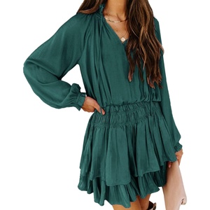 image:imageRVivimos Womens Cotton Long Sleeves V Neck Layered Ruffles Pleated Swing Mini DressTeal
